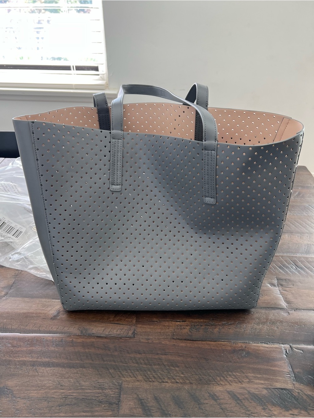 J. Crew Perforated Gray Tote with Blush Interior